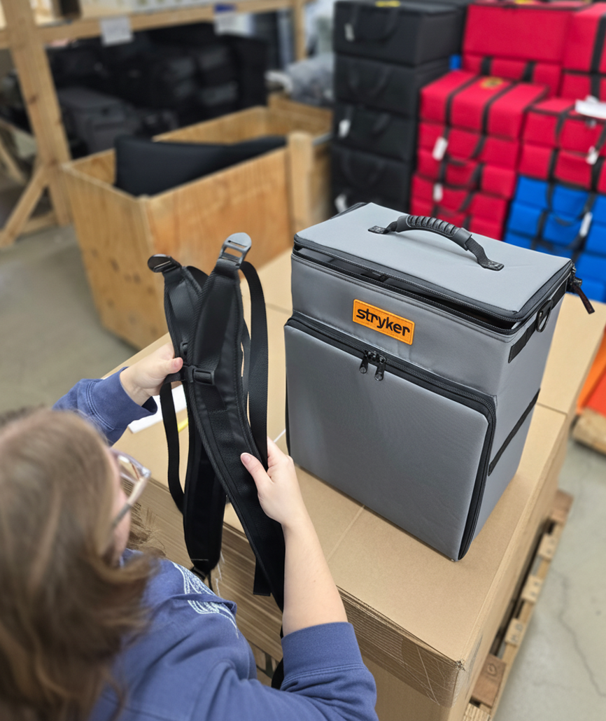 woman finishing demo bag for stryker