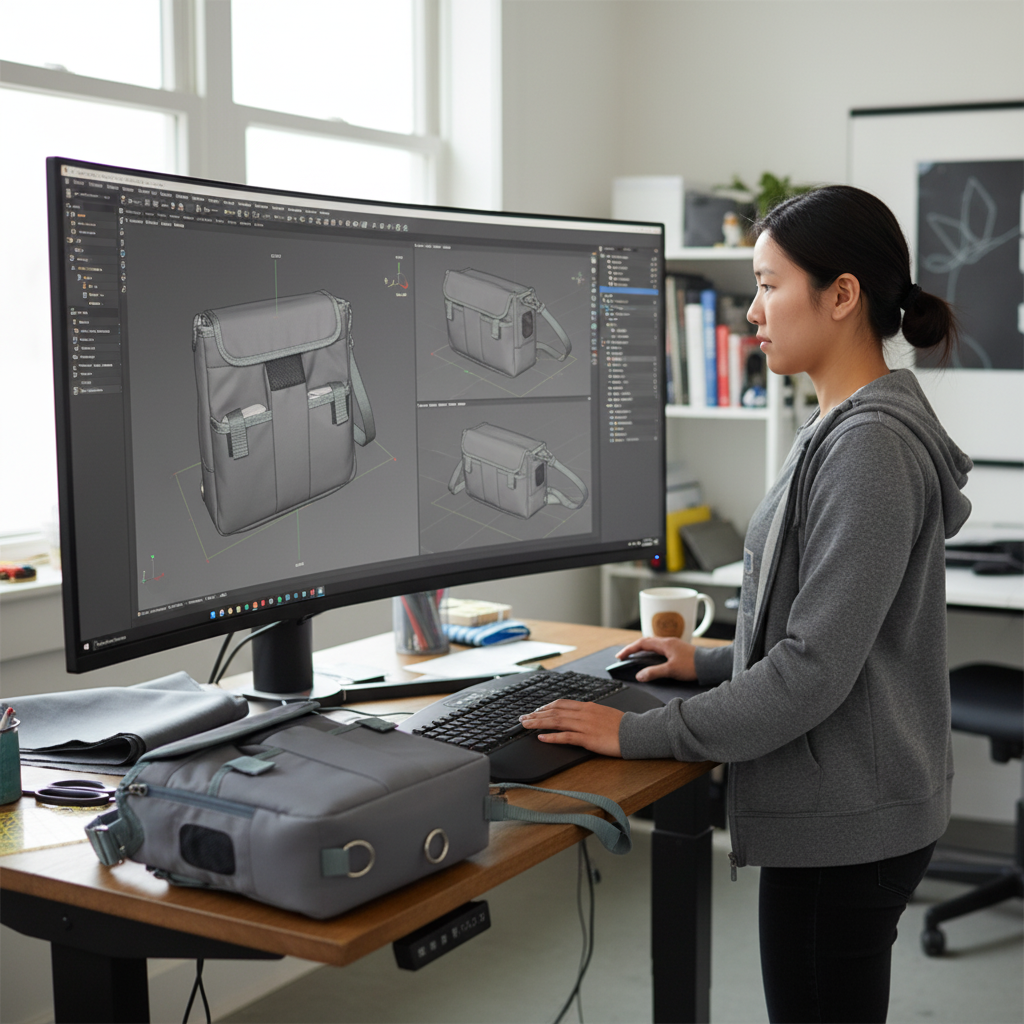designer looking at computer with soft bag