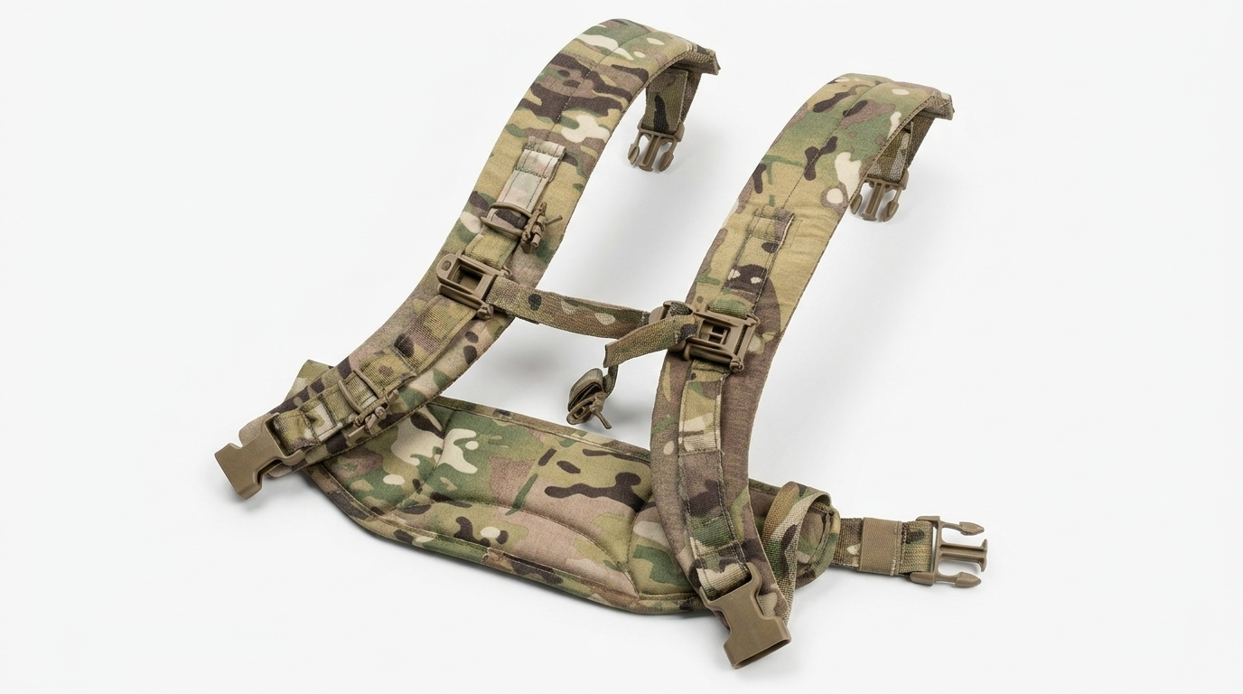 Padded camo shoulder straps with load lifters and sternum strap