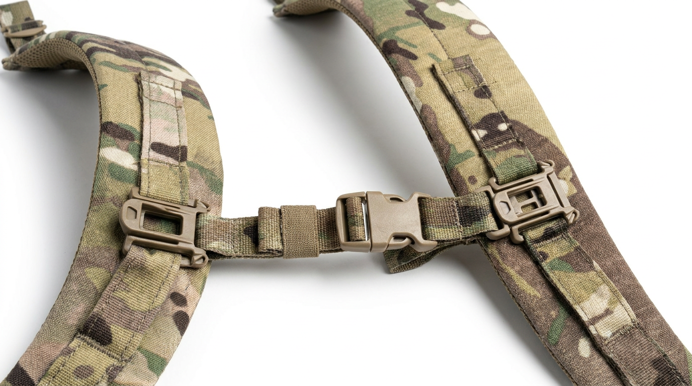 Close-up of padded shoulder strap stitching and sternum strap hardware