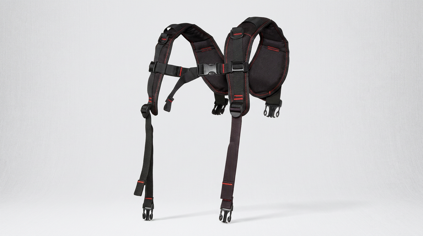 Padded black harness with red stitching and side-release buckles