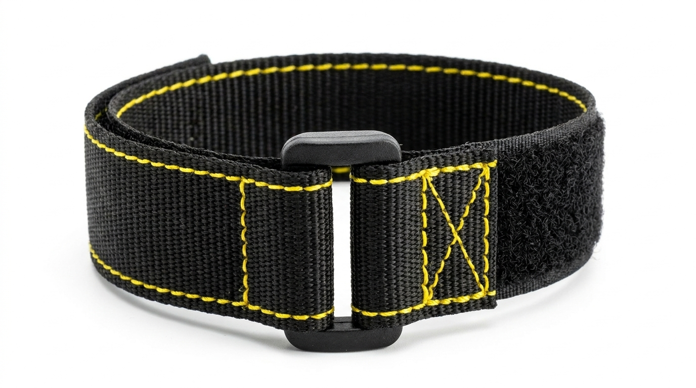 Black hook and loop strap with yellow bar-tack stitching and slide buckle