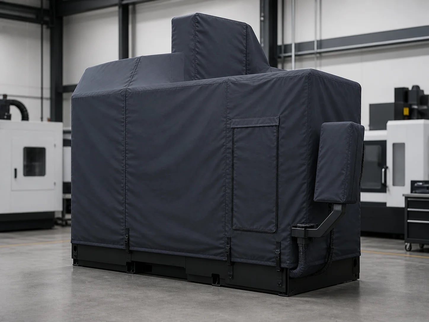 Fitted dust cover on a CNC machine on a production floor