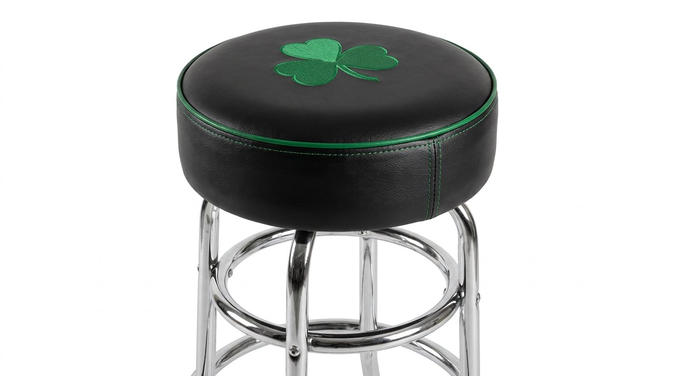 Custom black upholstered bar stool with green logo and welting