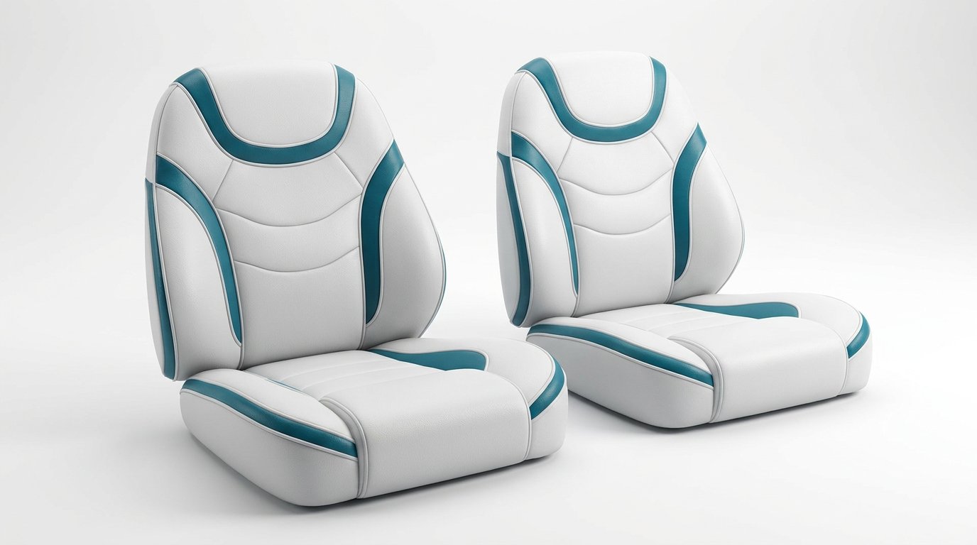 Pair of custom white and teal upholstered boat seats