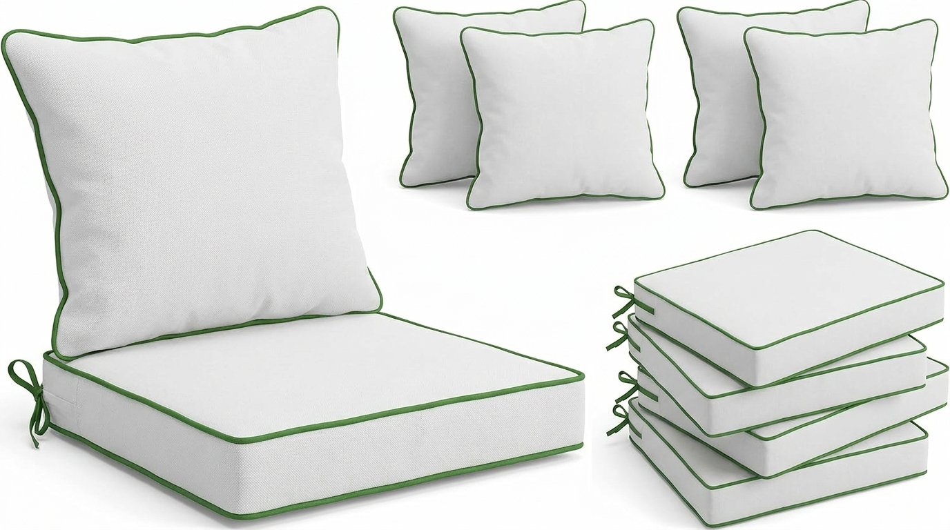 Set of custom white cushions and pillows with green piping