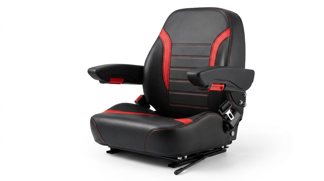 Custom black and red upholstered heavy equipment operator seat