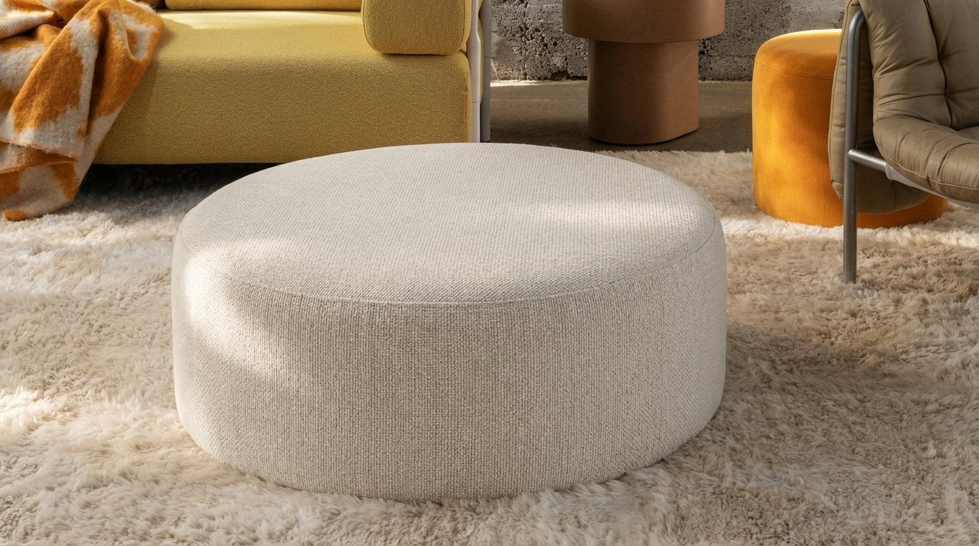 Custom round upholstered pouf in a neutral woven fabric